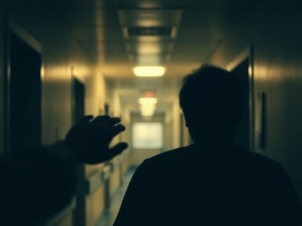Corredor hospitalar com mão acolhendo paciente