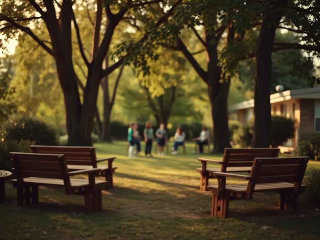 Jardim de clínica de reabilitação com bancos e árvores
